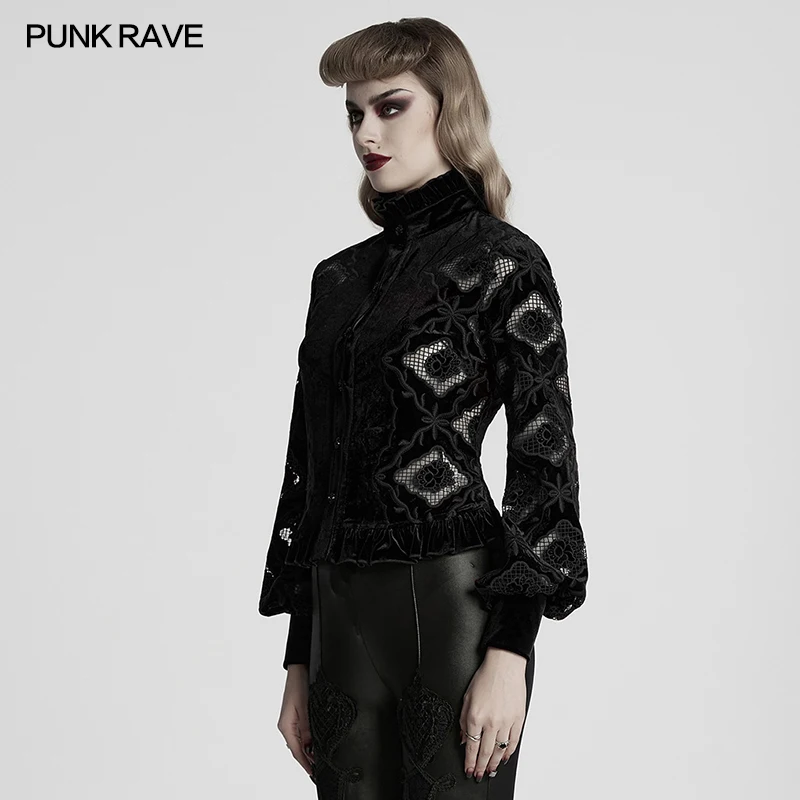 PUNK RAVE Women's Retro Embroidered Luxurious Textured Hollow Flower Velvet Shirt Adjustable Drawstring Exquisite Tops