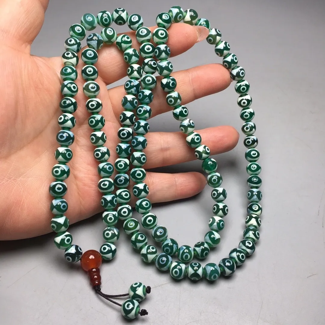 Tibetan Natural Green Old Agate DZi Heaven Earth Beads Amulet Necklace S0618