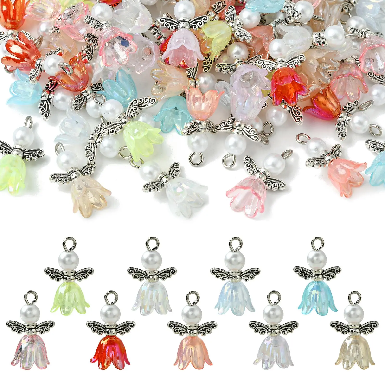 

Pandahall 90pcs Mixed Colors Acrylic Angel Charms Fairy Charms with Tibetan Style Wings for Necklace Earring Making