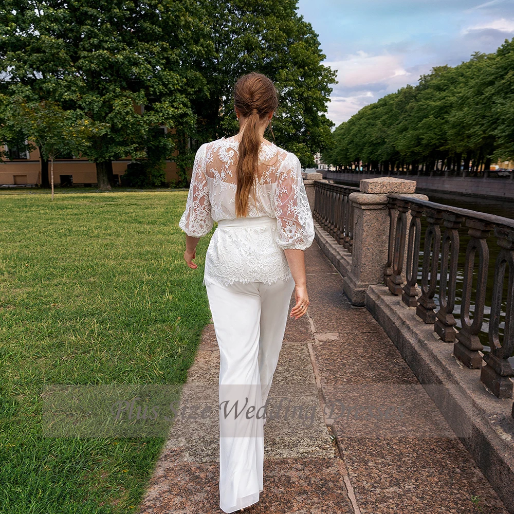 فساتين زفاف كلاسيكية مقاس كبير بدل قفز رقبة جوهرة 3/4 كم فساتين العروس دانتيل زينة طول الأرض رداء De Mariee 2026