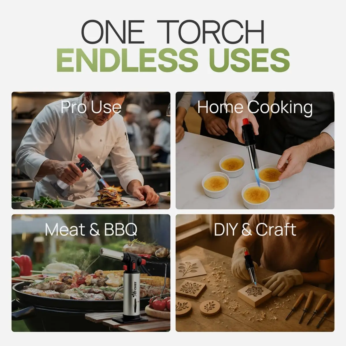 Refillable Butane Kitchen Torch with Adjustable Flame and Safety Lock, Includes 2 Cans for Cooking and Soldering