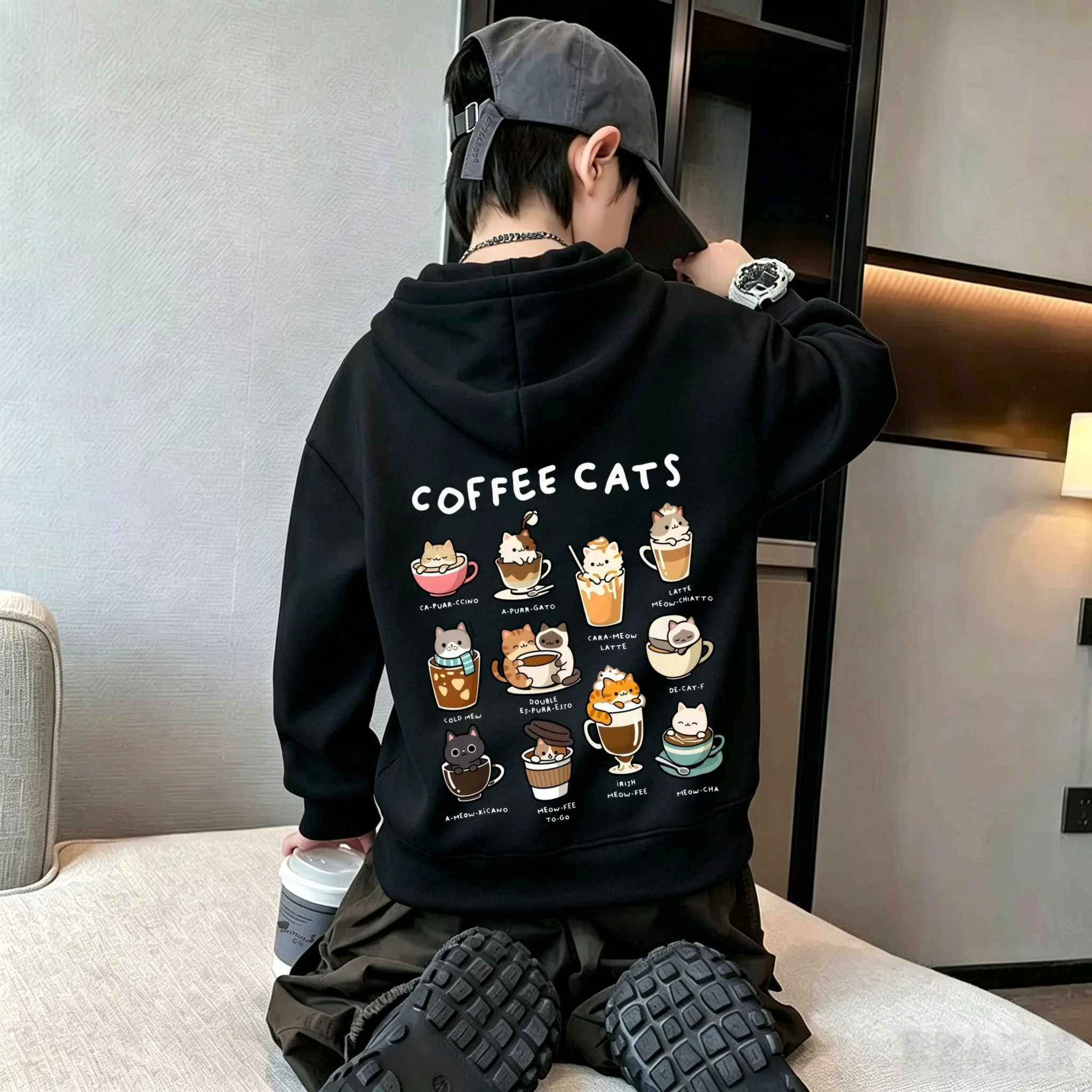 Y2K Kinder-Hoodie-Sweatshirt, Herbst-Winter, niedlicher Cartoon-Kaffee-Katzen-Grafikdruck, lässige, lockere Langarm-Oberteile – Detail 3