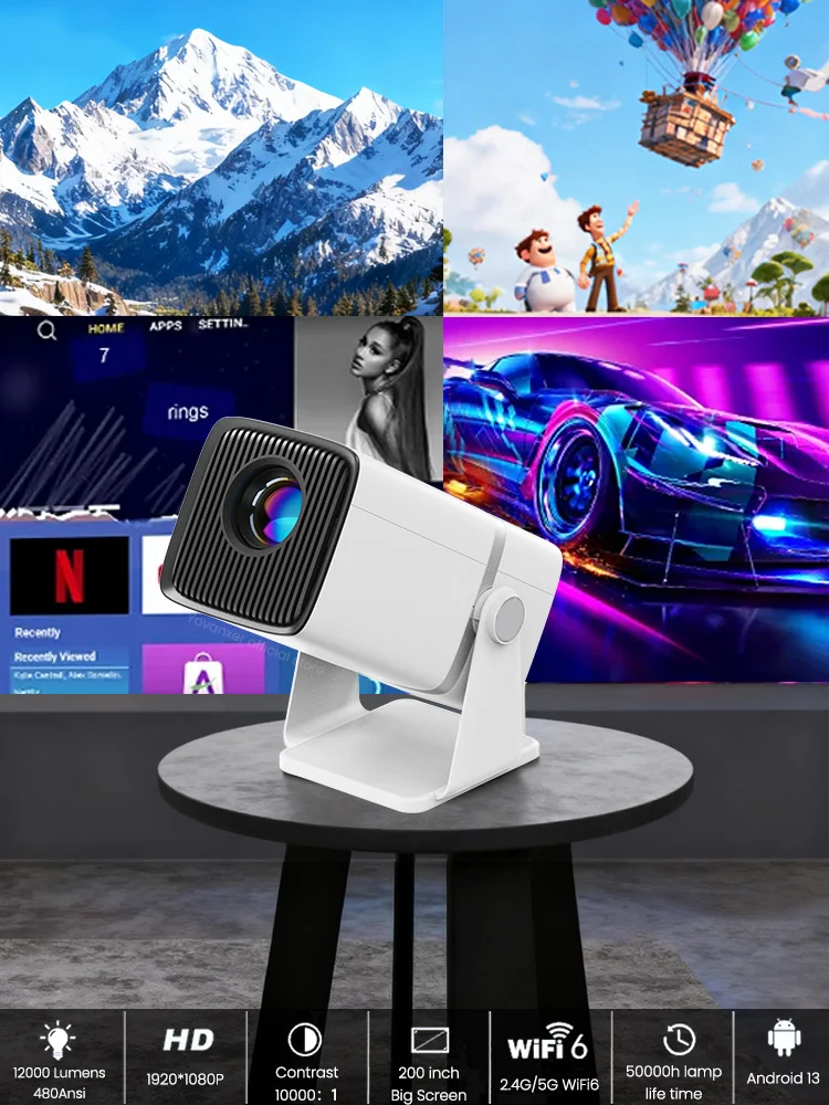 Yovanx4K HD العارض A86W أندرويد واي فاي ثلاثية الأبعاد المسرح المنزلي المحمولة شعاع جهاز عرض صغير للمسرح المنزلي داخلي/خارجي فيلم ليلة