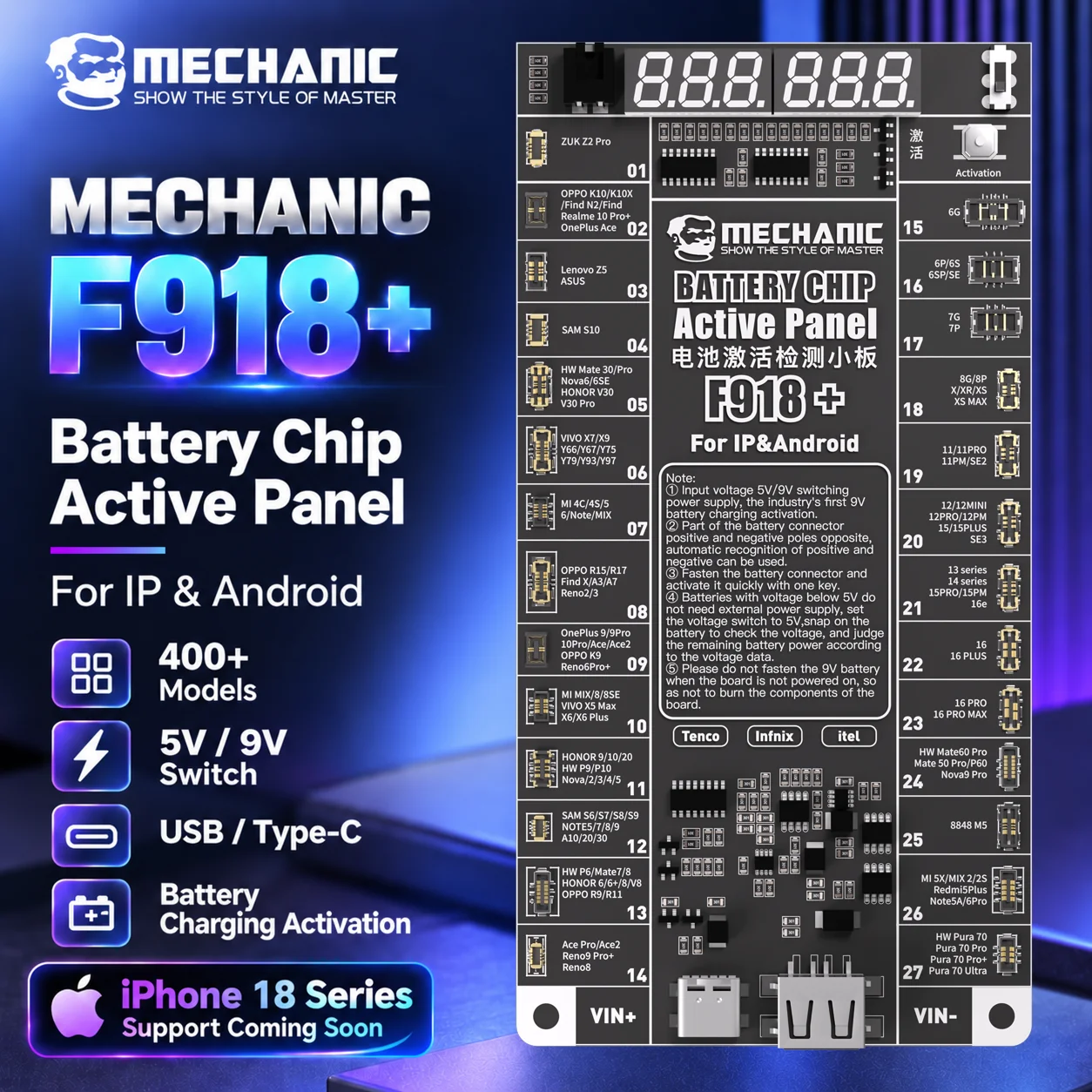 MECHANIC F918+ Battery Tester for iPhone 17 400+ Android Phones LED Display 18+9 Pogo Pins 5V 9V Output Phone Battery Repair