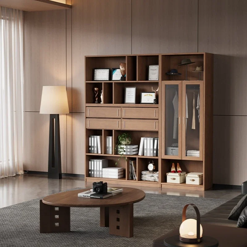 Light luxury high-end solid wood bookcase locker integrated new wall file cabinet layered shelf floor display cabinet