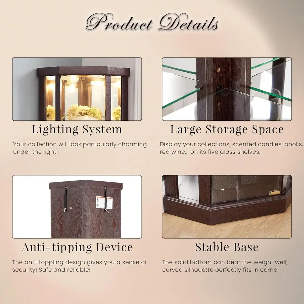 70 Glass Curio Cabinet with 5 Adjustable Shelves, Tempered Glass Door, Cherry Finish view 5