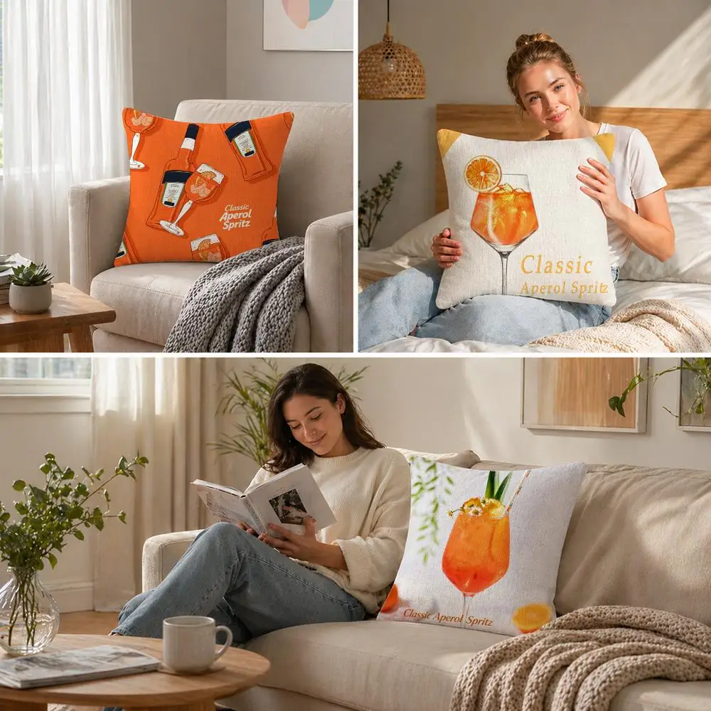 Classic Aperol Spritz Cushion Cover Natural Linen Pillowcase Set, All-in-One Decor for Sofa, Bedroom & Chair