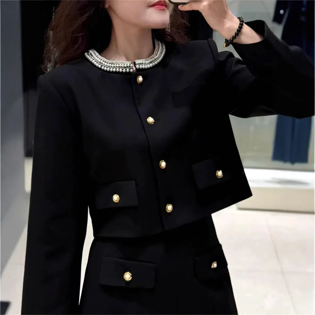 

【Gift Free】2025 Early Spring French Elegant Black Round-Neck Short Jacket with Deluxe Rhinestone Pearl Buttons for Women