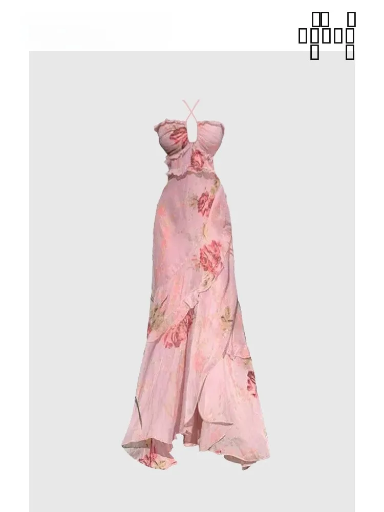 

Летнее романтическое платье HEZA с цветочным принтом, открытыми плечами, длинное, повседневное, для женщин, больших размеров, с завязками на шее, для отпуска