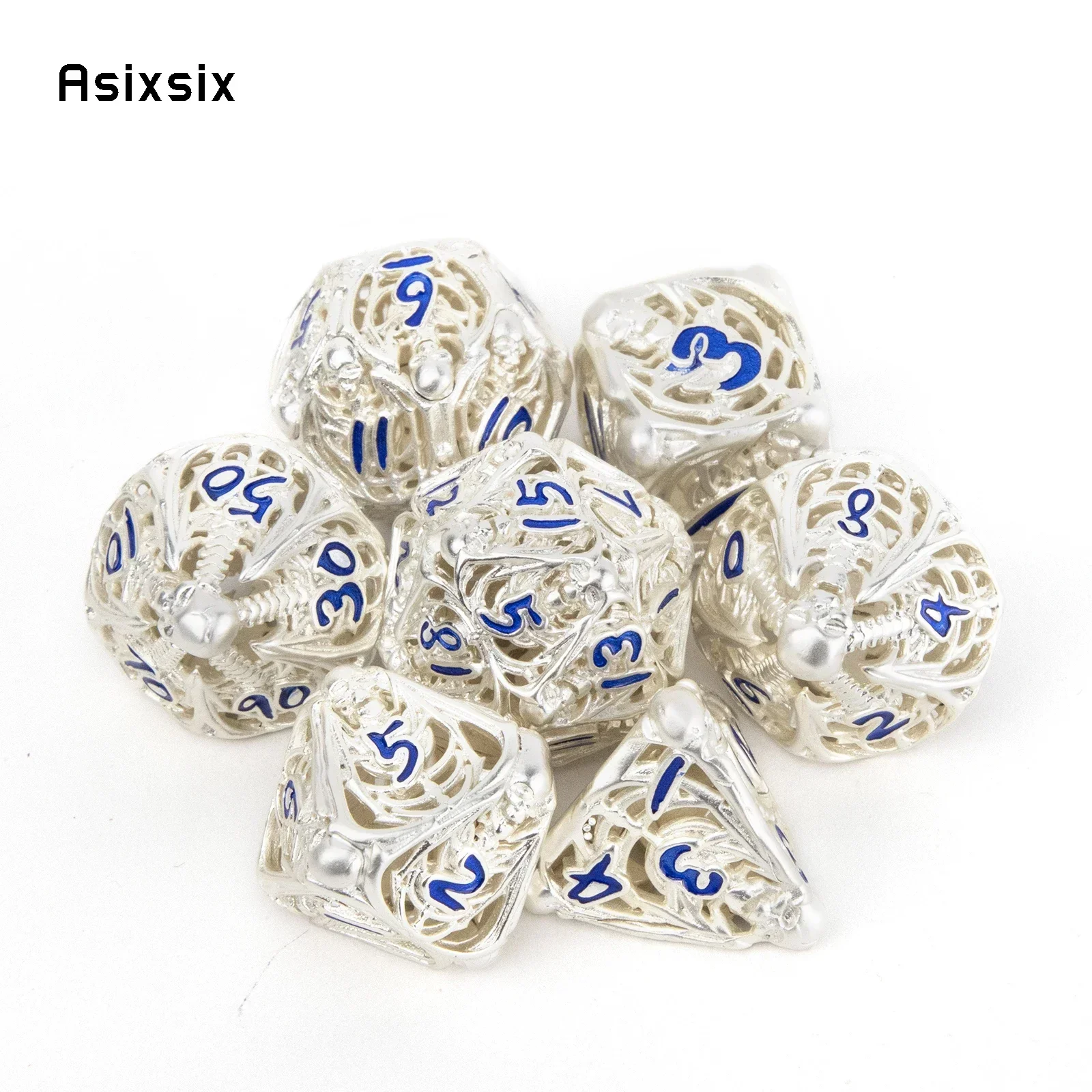 

7 Pcs White Blue Skull Metal Dice Hollow Metal Polyhedral Dice Set Suitable For Role-Playing Dice PropBoard Game Gift