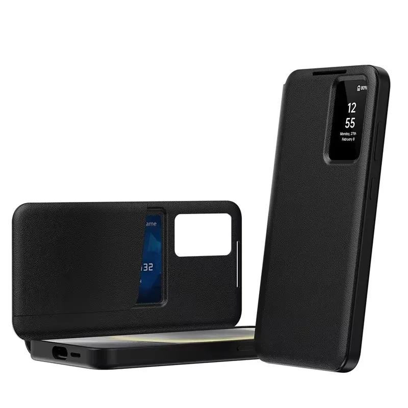 

For Samsung Galaxy S22 S23 S24 S25 Ultra Plus FE Original PU Leather Card Pocke Case Flip Smart Display Transparent Window Cover
