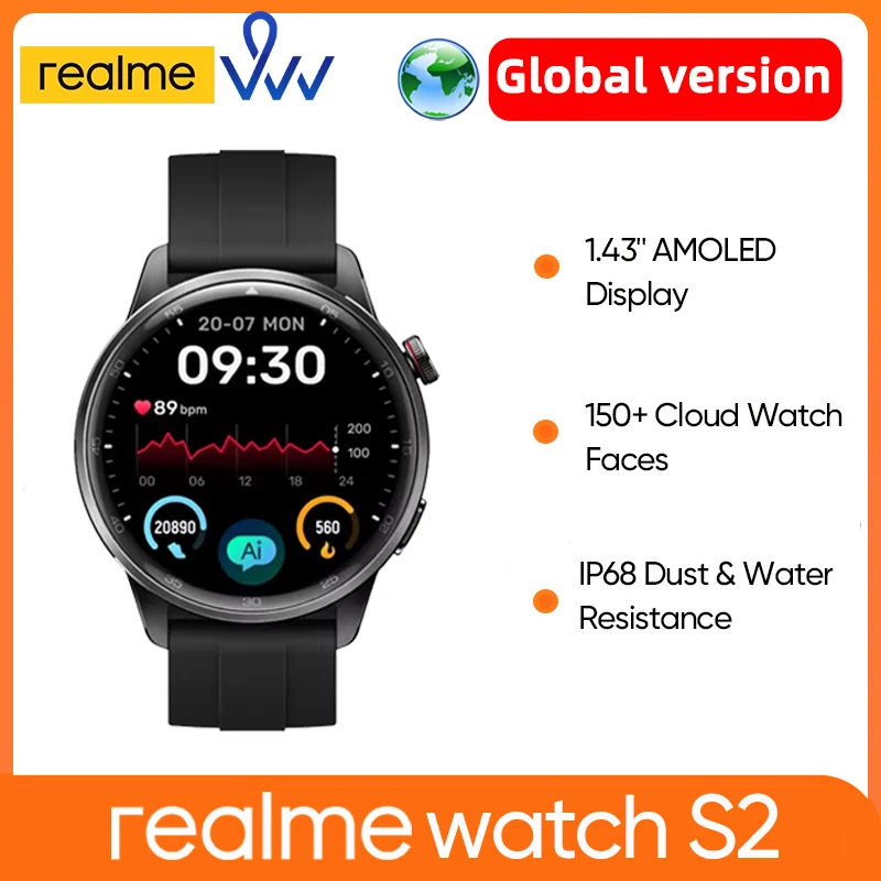 Realme Watch S2 ساعة ذكية 20 يومًا عمر البطارية 1.43 بوصة AMOLED عرض Spuer AI محرك Smartwatch IP68 مقاوم للماء الإصدار العالمي