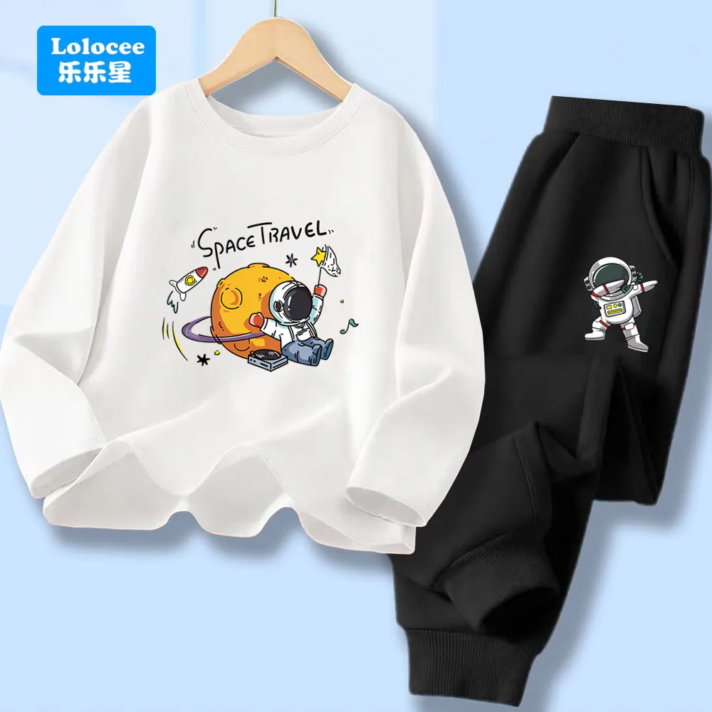 Weltraumreise-Outfit für Kinder, Langarm-T-Shirt mit Astronauten-Aufdruck und Jogginghose, 2-teiliges Set, Frühlings-Herbst-Cartoon-Trainingsanzug für Jungen, YHY2