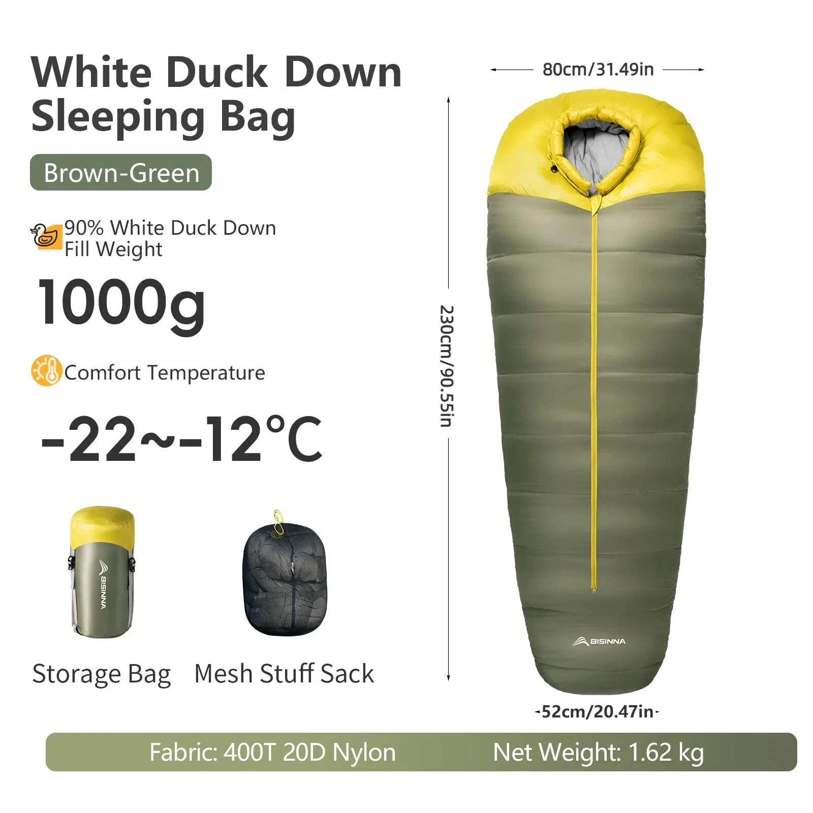 BISINNA Eendendons Winterslaapzak Ultralight Mummie Warm Outdoor Campingbenodigdheden voor volwassenen Draagbare reizende slaapzak