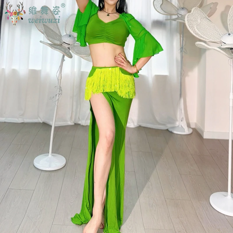 Robes de danse sexy pour femmes adultes, vêtements de danse en gaze de fil d'eau, 2 pièces, vêtements de scène à manches longues, vêtements de spectacle de concours de danse du ventre