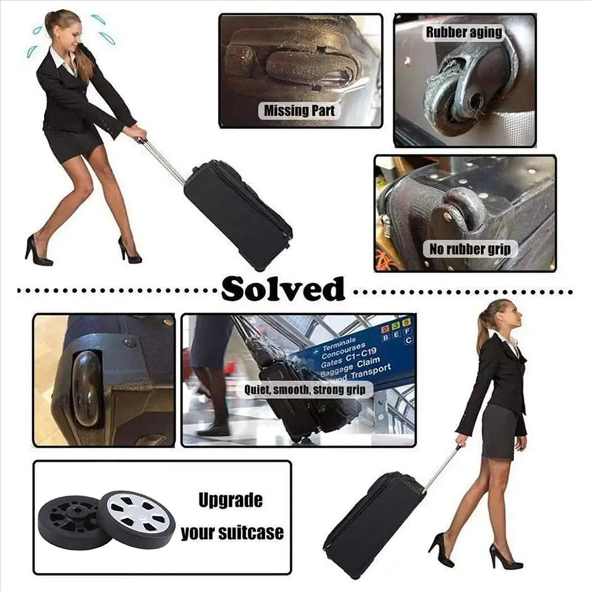 ABQR 60X13mm مجموعة من 2 عجلات بديلة لحقيبة الأمتعة، مجموعات إصلاح محامل عجلات دوارة من البولي يوريثان