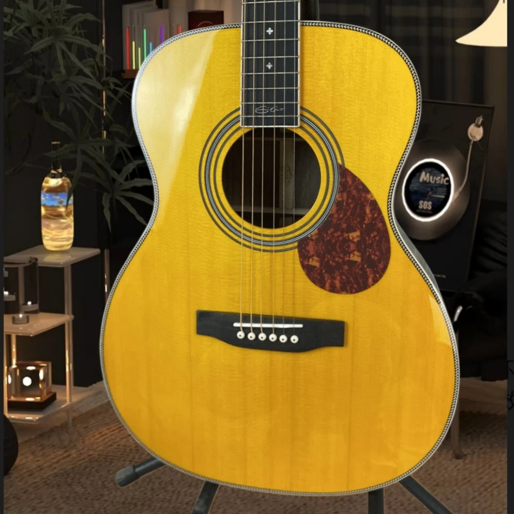 Handmade Yellow Acoustic Guitar with 6 Strings and Guard Plate, Spruce Top Nut Suitable for Beginners and Professionals view 3