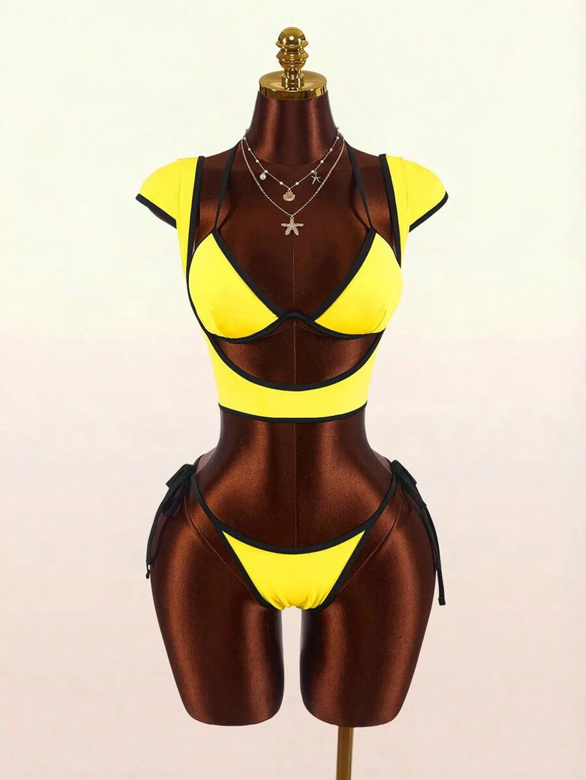Y2K Gelb-Schwarz Verzierter 3-Teiliger Badeanzug, Neckholder-Bikini, Kurzarm-Crop-Top, Unterteil mit Bindeband, Sommer-Strandparty-Badeanzug für Damen – Detail 15