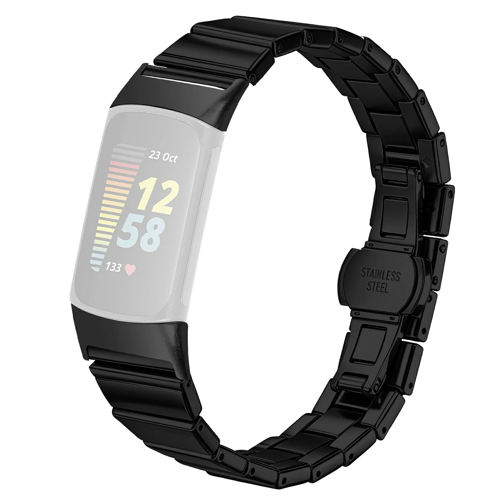 For Fitbit Charge 6 / Charge 5 Watch Band One-bead Stainless Steel Smart Watch Bracelet with Butterfly Buckle - Black