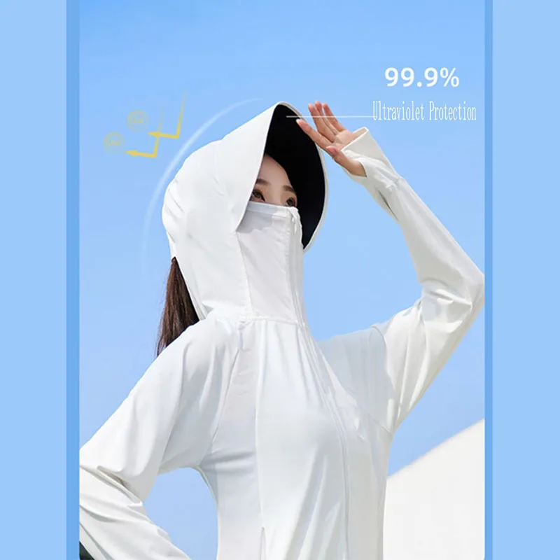Sun Protection Long Coat Foe Women Hooded Washable Adjustable Waist Beach Anti-Uv Sunscreen Clothes Streetwear UPF50+ Jacket