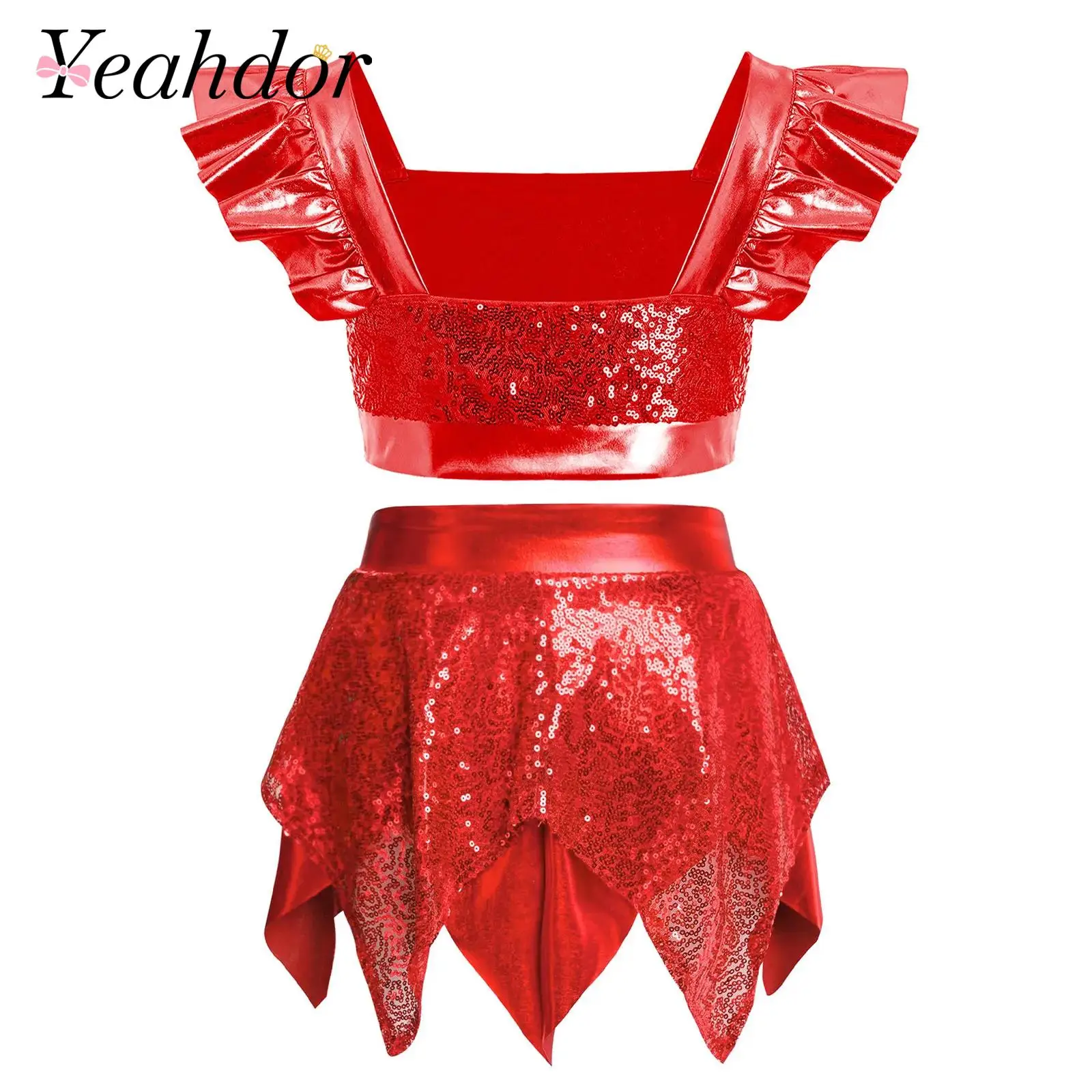 Conjuntos de Ropa de Fiesta con Lentejuelas para Niñas, Traje de Baile Latino y Jazz, Atuendo Brillante con Lentejuelas Metálicas