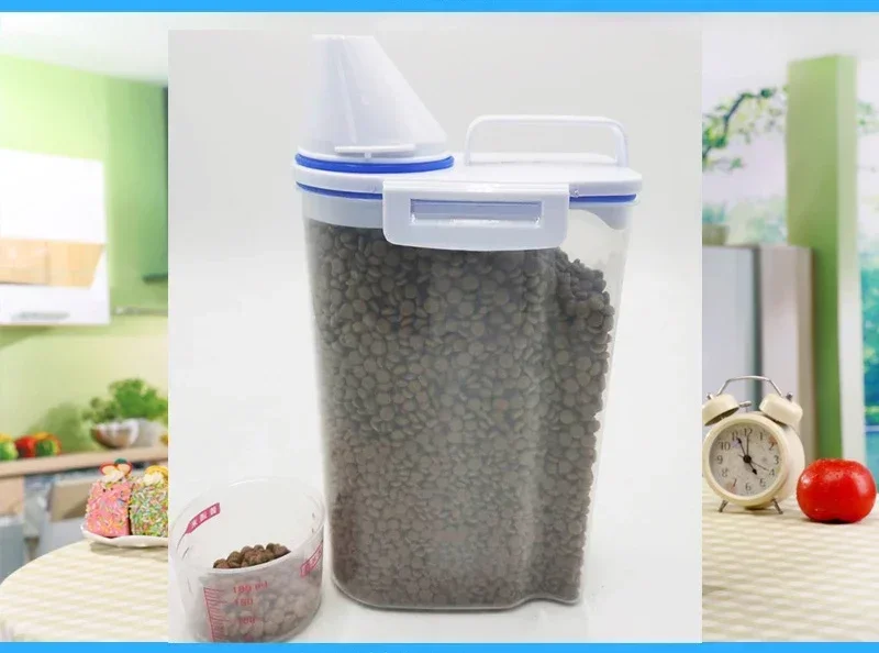 1 Stück Luftdichter Tierfutter-Aufbewahrungsbehälter, 1,5kg/2kg Plastik-Vorratsdose mit Messbecher für Hunde- und Katzen-Trockenfutter – Detail 4
