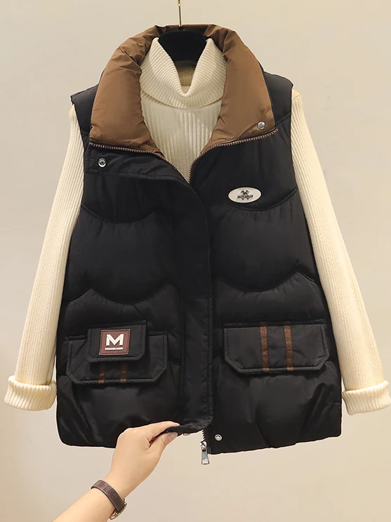 Women's down Cotton Vest Loose Fit Stand Collar ort Sle Autumn Winter Faionable Small Size Commute Sle Zipper Splice