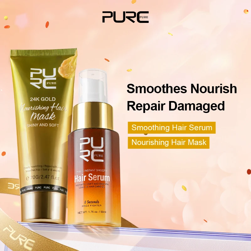 

PURC 24K Gold Hair Mask & Instant Smoothing Hair Serum Sets Repair Damaged Frizz Split Ends Nourishing Hair Care Fast Shipping
