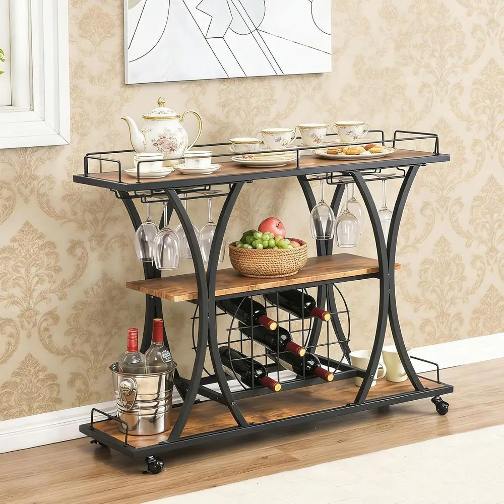 

Wood Rolling Bar Cart with Wheels or Home, 3 Tier reestanding Wine Rack Coee Cabinet with Glass Holder or Kitchen/Dining Room/Li