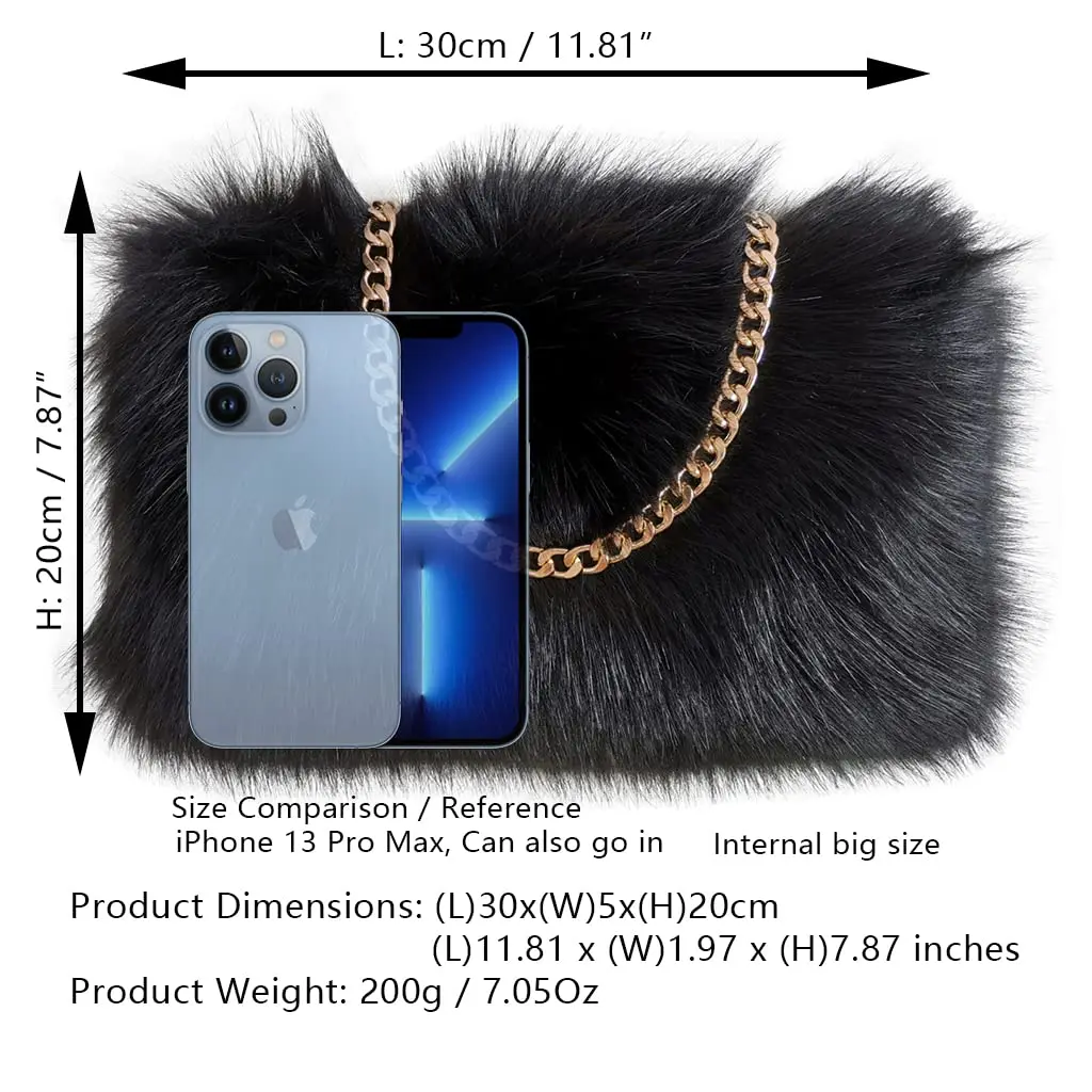 Faux Fox Fur Purse Fuzzy Handbags for Women Evening Handbags Al alloy Shoulder Strap Shoulder Bags Black