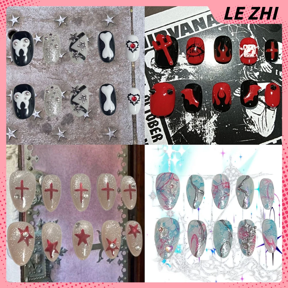 

Y2K Gothic Spice Girl Handmade Short Square Round Almond Press On Nails Wings Stars Diamond Musical Notes Cat Eyes Fake Nails