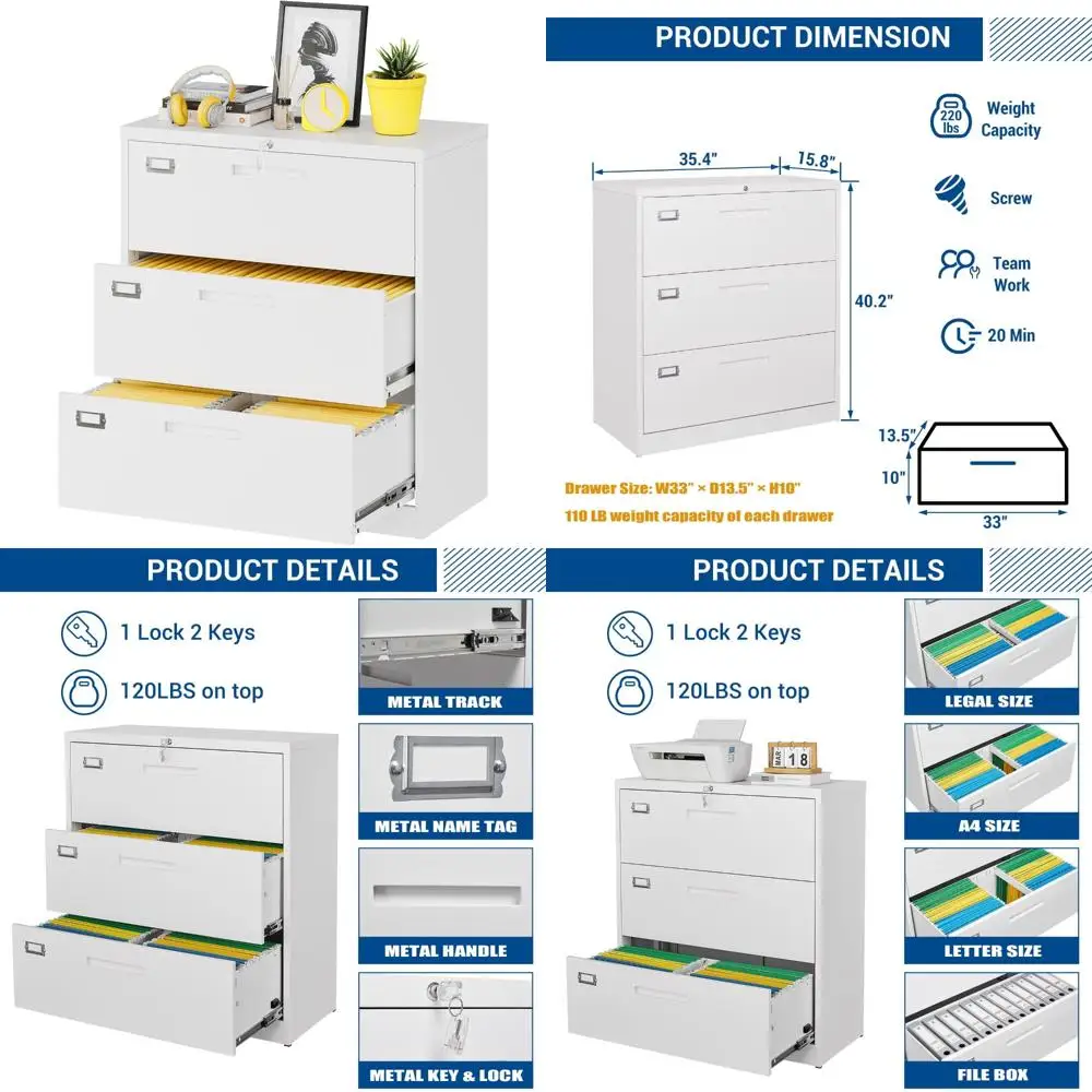خزانة ملفات معدنية كبيرة ذات 3 أدراج مع قفل للمكتب المنزلي، وخزانة تخزين قابلة للقفل لتعليق الملفات، وحجم الرسالة