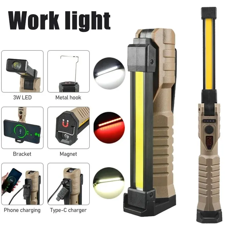 LED Emergency Floodlight COB Folding Work Lamp Strong Magnet Strong Light Emergency Flashlight Type C Car Service Lamp