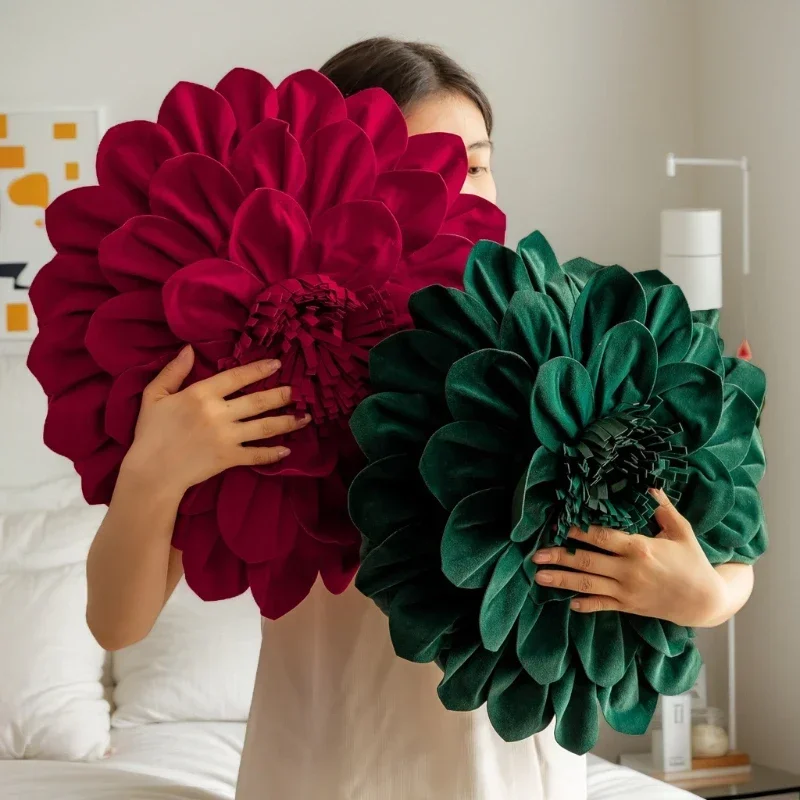 New Christmas Cushion Cover Red Green 3D Floral Ruffled Edge Patchwork Pillowcase Velvet Solid Color Pillow Covers Decorative