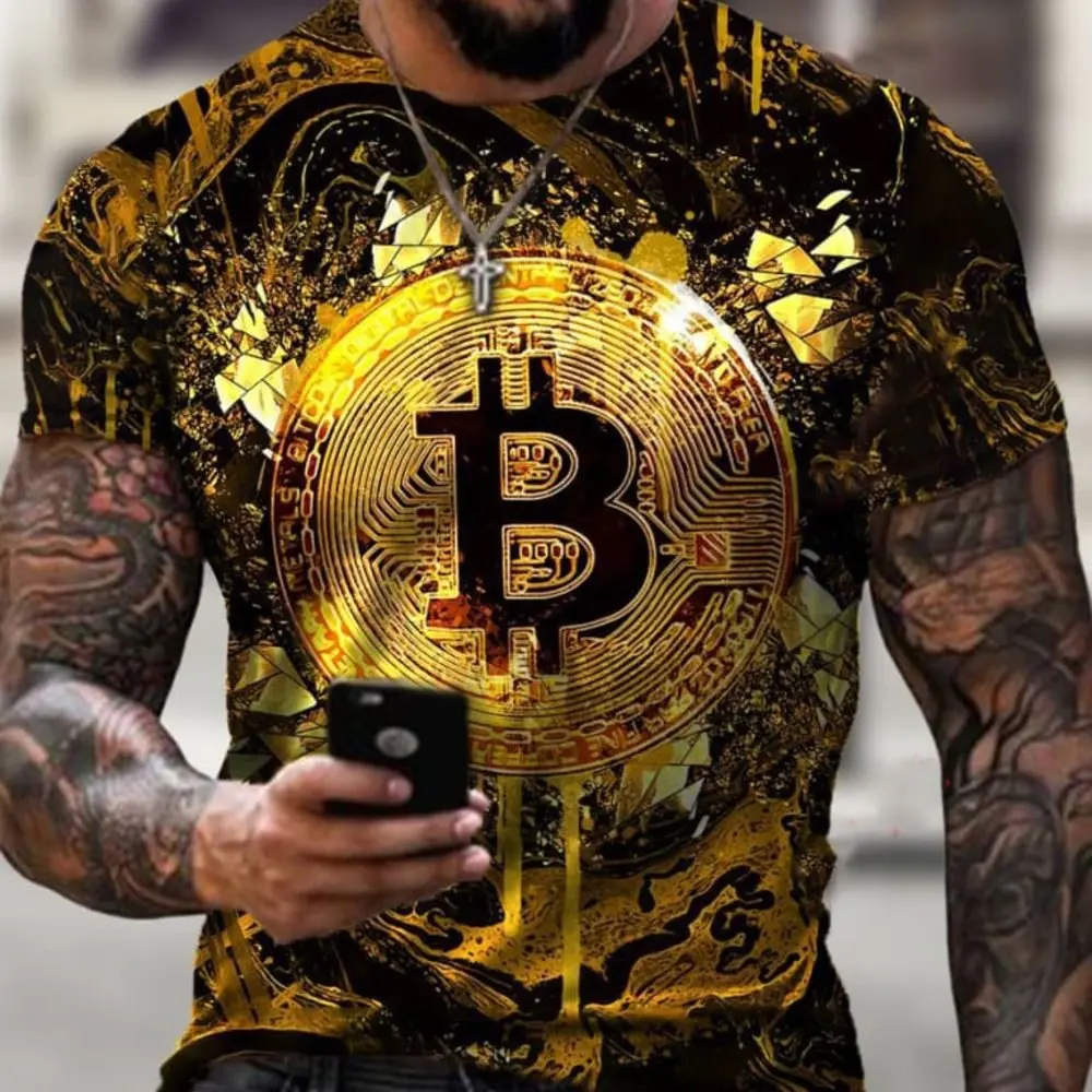 

Men's Round Neck Short Sleeved T-shirt 3D Digital Printing Bitcoin Youth Pullover Trendy Breathable Top