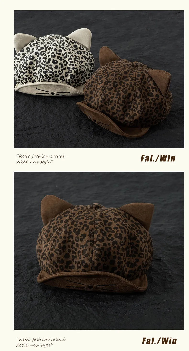 Koreanische Mode Leoparden-Katzenohren-Baskenmützen Y2K Frühling und Herbst Reise Freizeit Vielseitige Persönlichkeit Lustige Newsboy-Hüte für Frauen – Detail 12