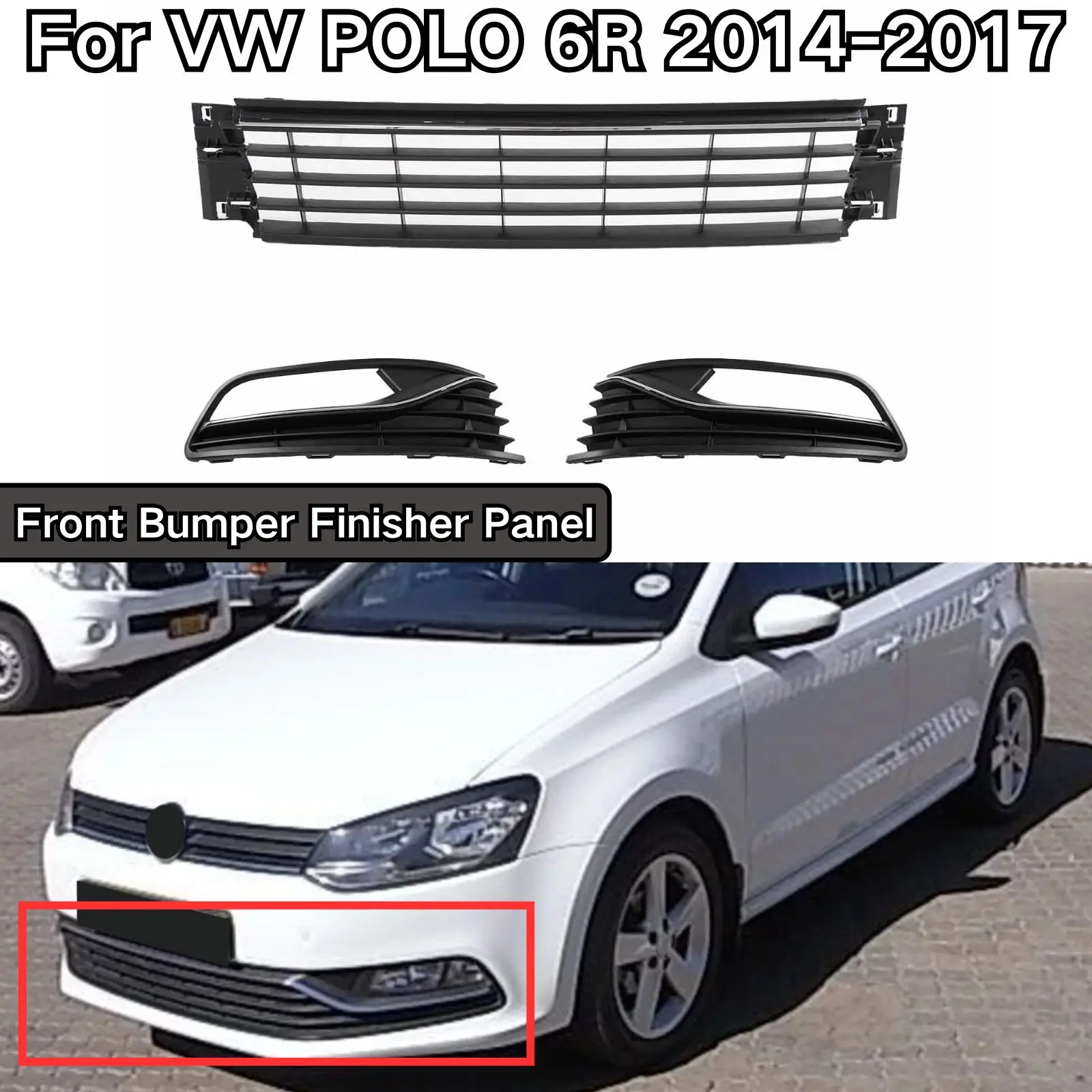 

Для VW POLO 6R 2014-2017 отделка переднего бампера, черная нижняя решетка, комплект левой, правой и нижней части с хромированными автомобильными аксессуарами