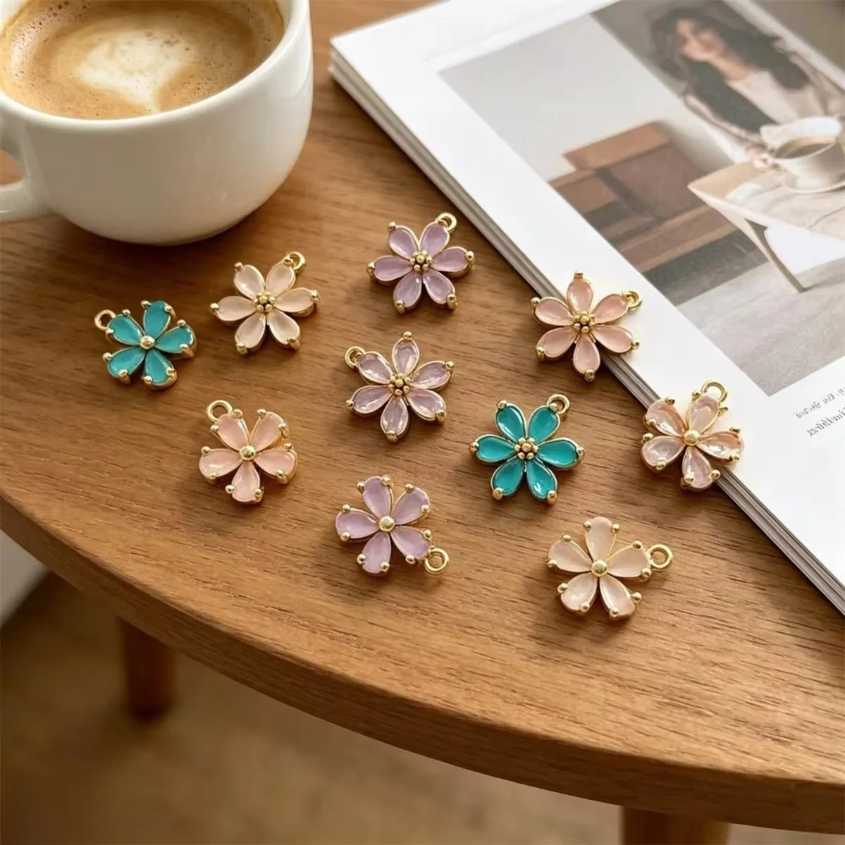 Brass 14K Gold Plated Anti-tarnish Color CZ Daisy Peach Blossom Mini Flower Charms DIY Bracelet Earring Findings