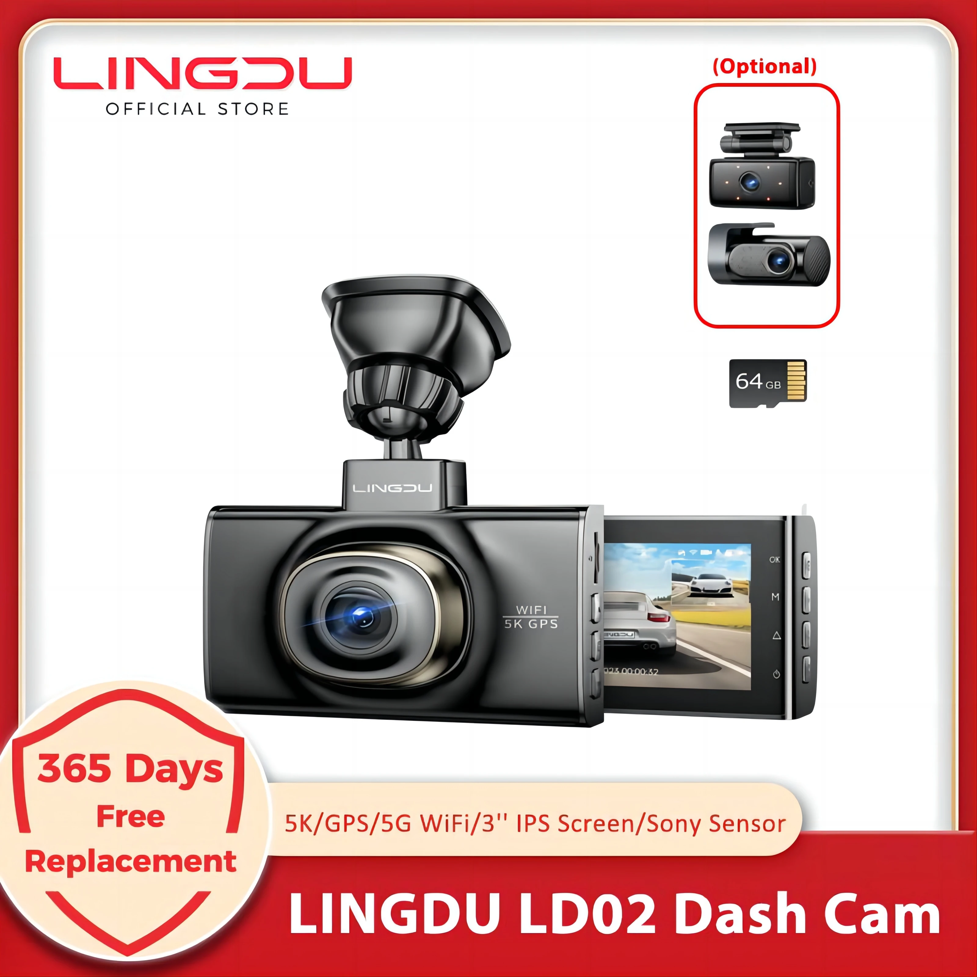 LINGDU Dash Cam LD02 5K Built-in WiFi GPS 64G TF Card 24H Parking Monitor Car Camera 3'' IPS Screen Voice Control Night Vision