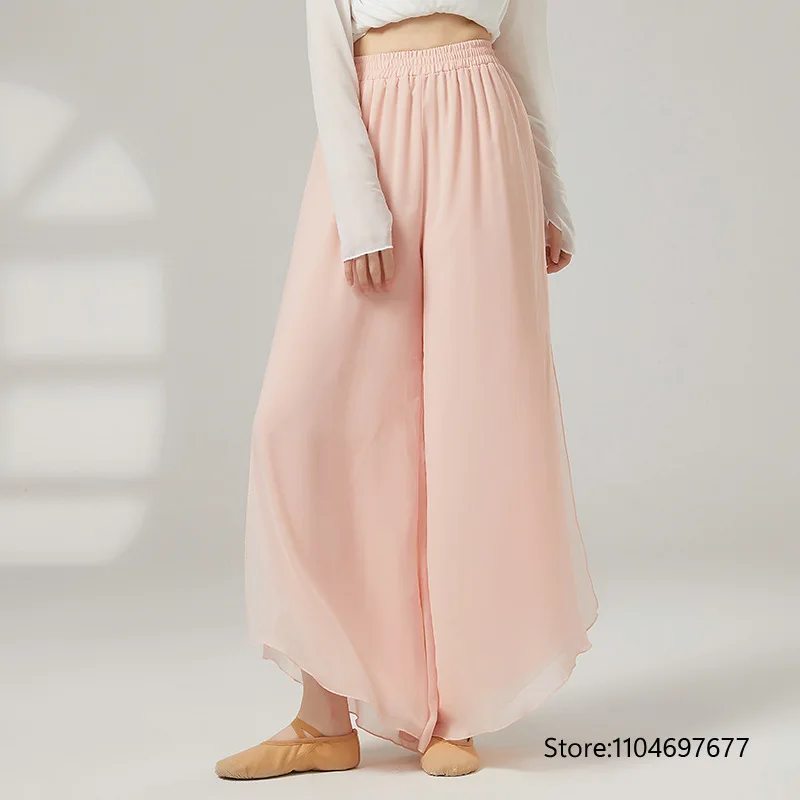 Women Classical Dance Chiffon Split Pants Modern Chinese Dance Culottes Professional Yoga Practice Pants Wide-leg Pants