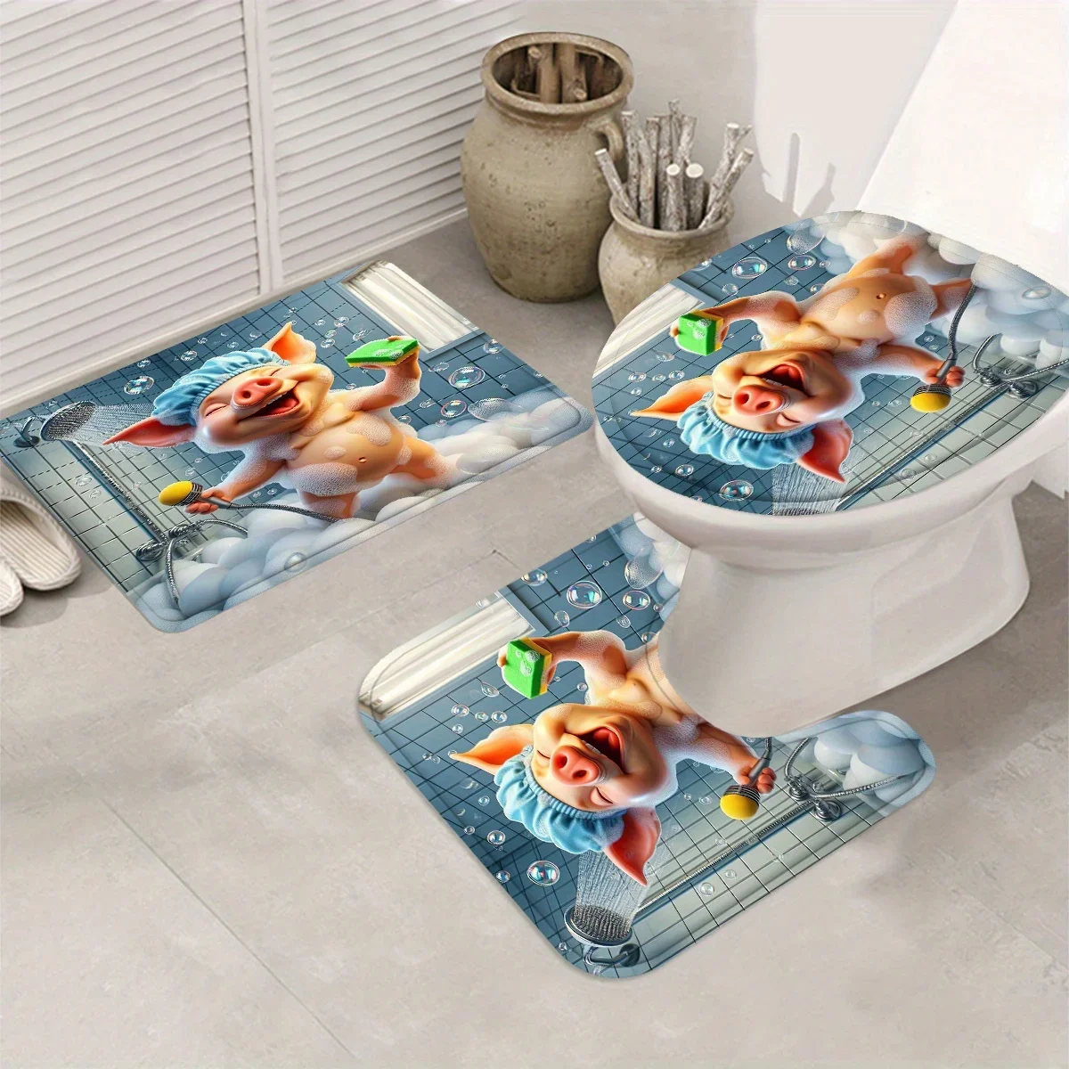 3Pcs Cute Cartoon Bathing Pig Bathroom Rug Set, Funny Happy Pig Taking Shower With Bubbles Shower Cap Print Non‑Slip Bath Mat, U‑Shaped Contour Rug and Toilet Lid Cover, Whimsical Humorous Animal‑Theme Bathroom Floor Decor Mats