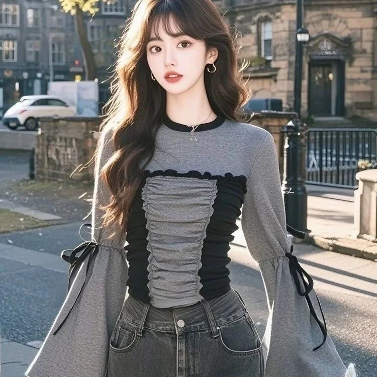 2025 Early Spring New Gray Tops Mujer Fashion All-match O-neck Tee Shirt Y2k Slim Fit Long Sleeve T-shirt for Women