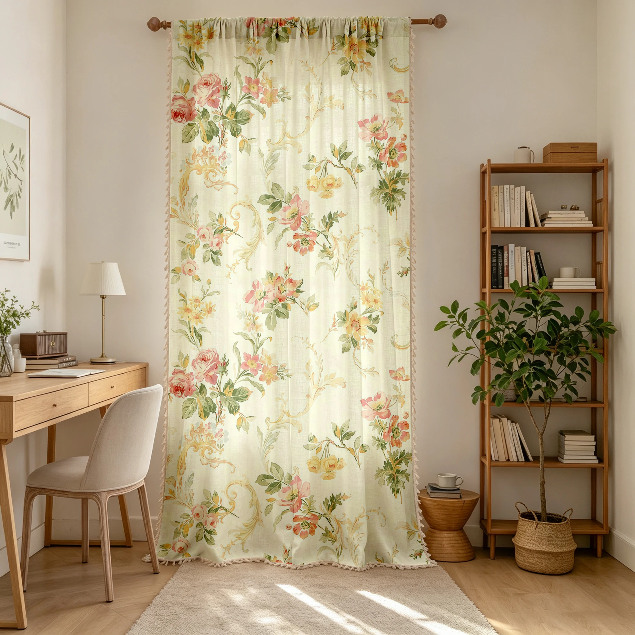 1PC Vintage Tassel Sheer Curtains, French Rose Floral, Digital Print, Linen Polyester, Bedroom Living Room Kitchen, Home Decor