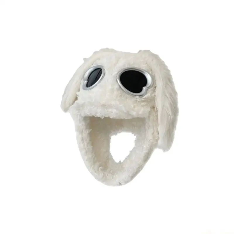 31BF 2000s Long Ear Trapper Hat Winter Earflap Cap with Goggles Plush Pullover Hat For Women Girl Christmas Party Photography