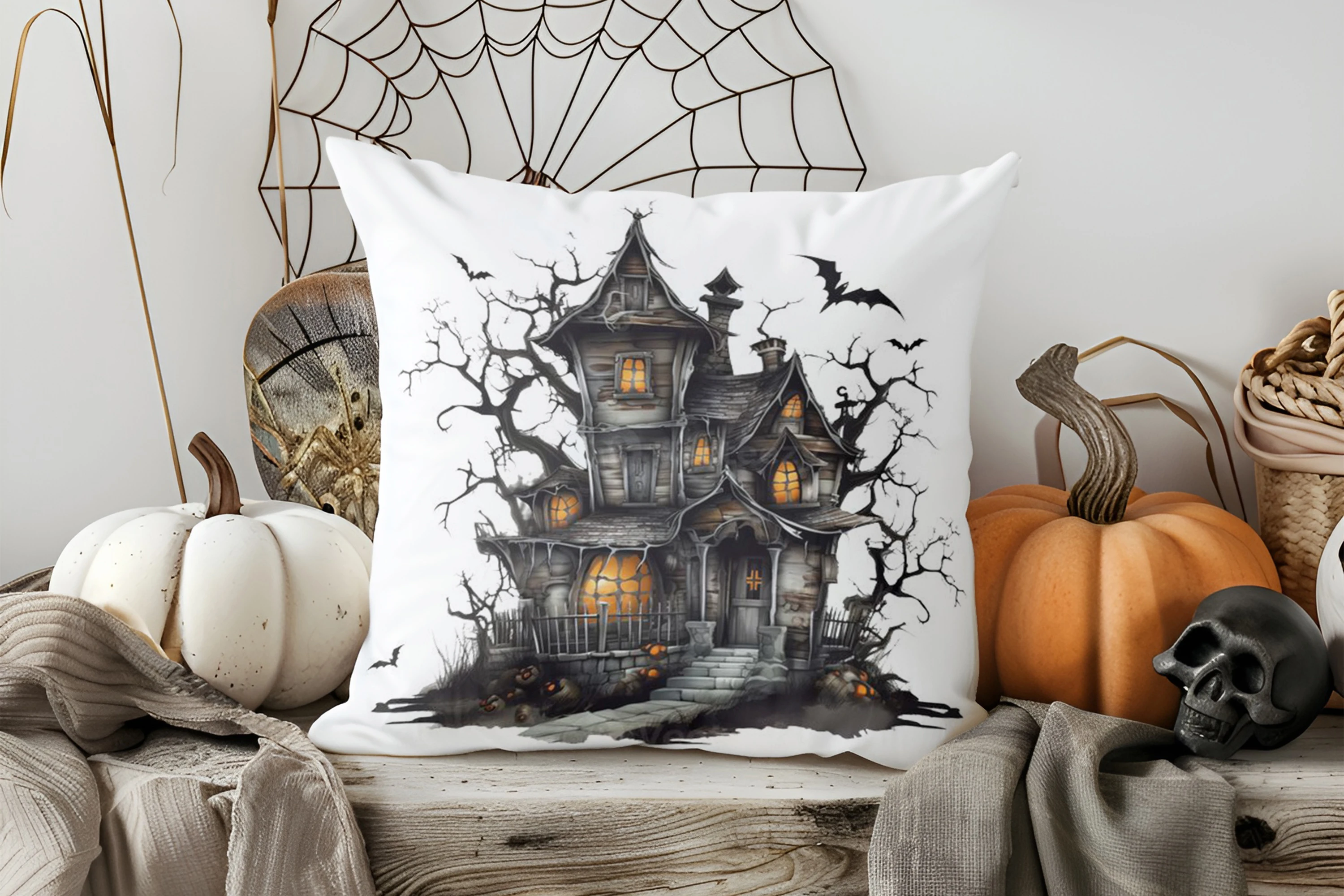 Home Decor Haunted House & Bat Halloween Decor Pillow Pattern Cushion Cover Suitable for Sofa Bedroom Car Pillow Cover