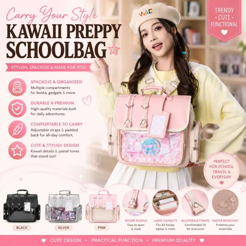 

Preppy Pink Ita Backpack Transparent Display Pocket Large Capacity Waterproof School Bag For Anime Fans Daily Travel Itabag Gift