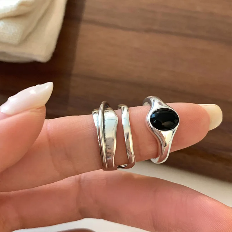 Bague ouverte en argent 925 pour femmes et filles, pierre noire, multicouche, punk, géométrique, empilable, bijoux, cadeau, livraison directe, vente