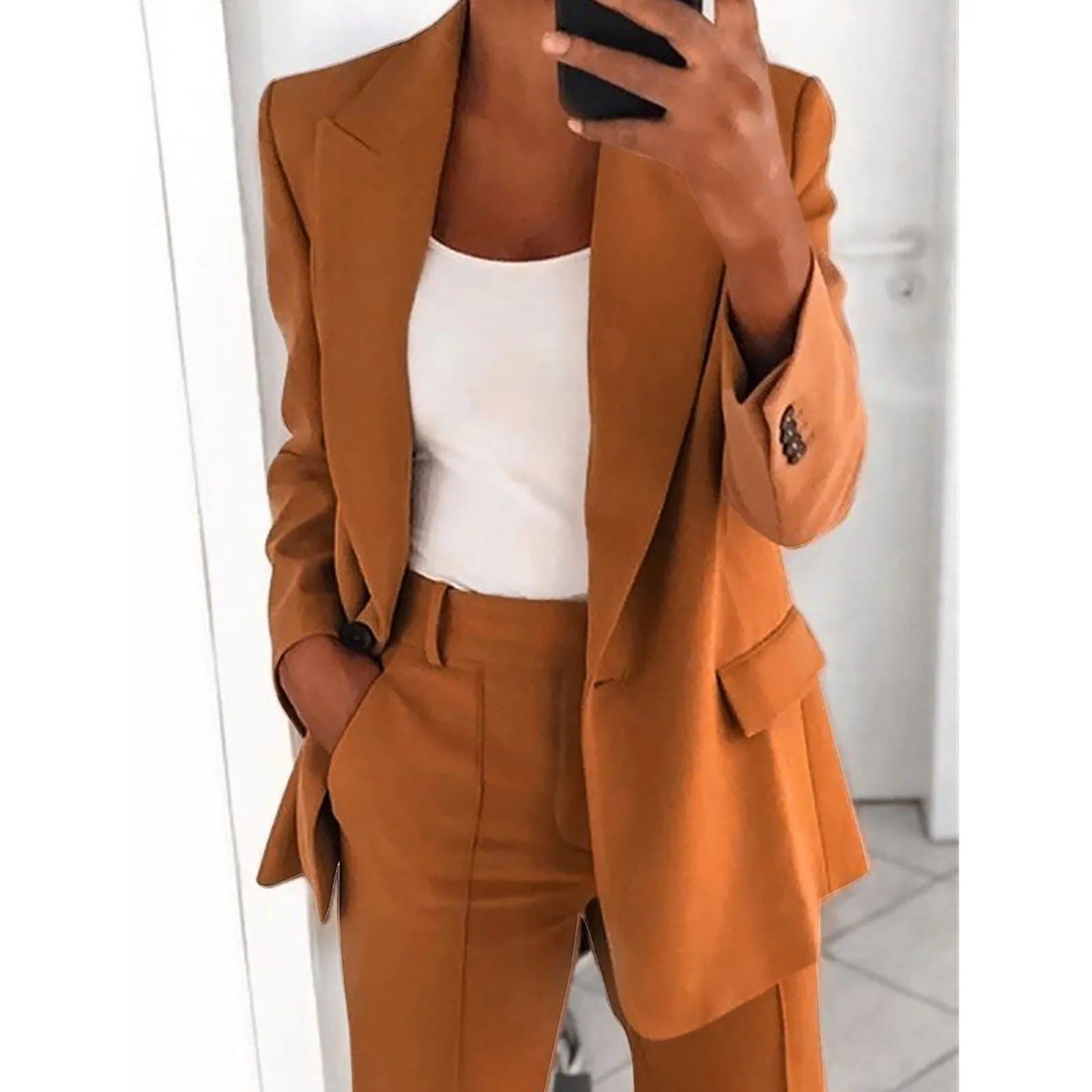 Autumn Winter Solid Color Blazer Women Long Sleeve Suit Simple Casual Pocket Fashion Temperament Female Office Pants 2 Piece Set