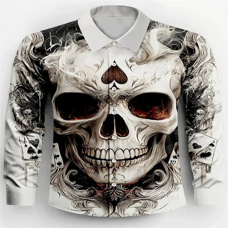 

Men's 3D Skull and Rose Printed Long Sleeve Shirt - Casual, Suitable for Weekend Casual Wear, Autumn/Winter, Halloween