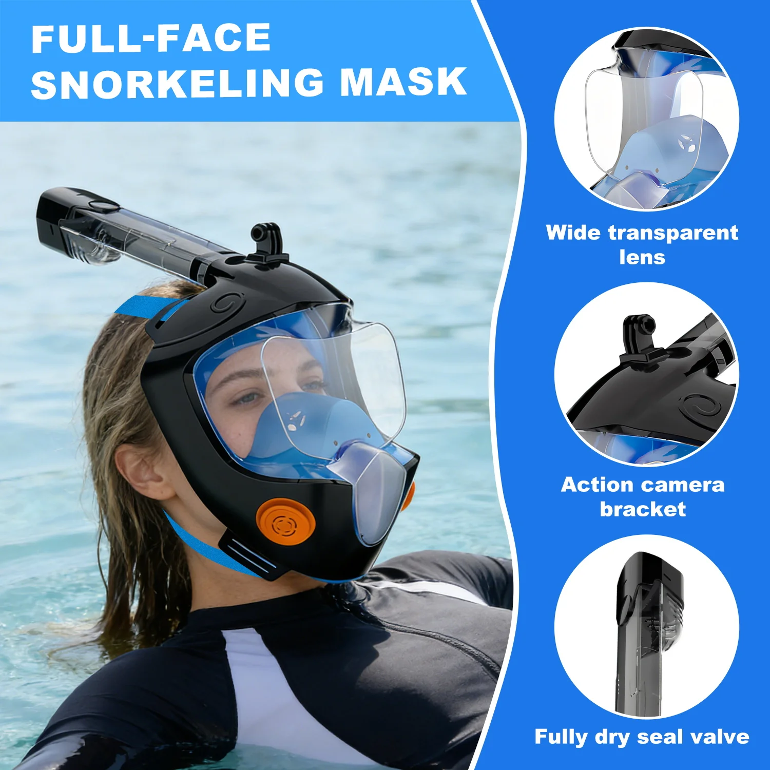 New Full-Face Snorkelling Mask, Swimming Goggles, Extended Dry Snorkel, Silicone Skirt, Adjustable Head Strap, for Adults